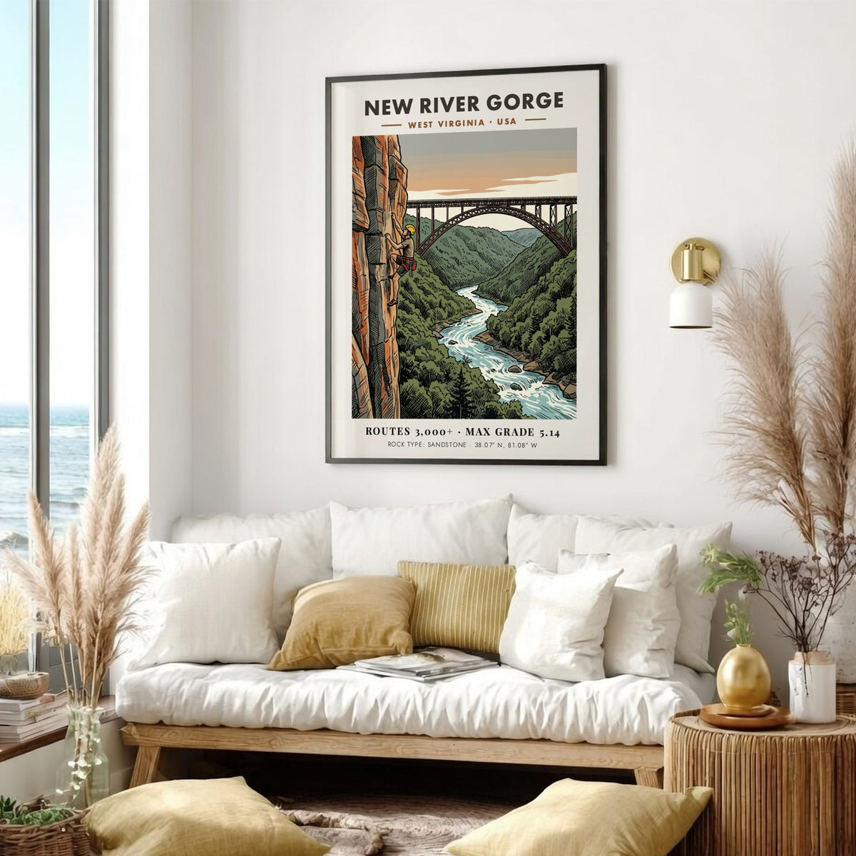 Poster featuring a climber on a sandstone cliff overlooking the New River Gorge bridge.
