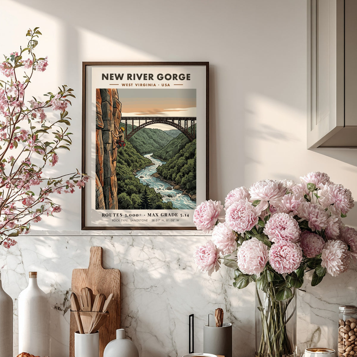 Poster featuring a climber on a sandstone cliff overlooking the New River Gorge bridge.