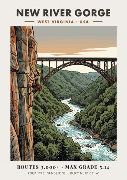 Poster featuring a climber on a sandstone cliff overlooking the New River Gorge bridge.