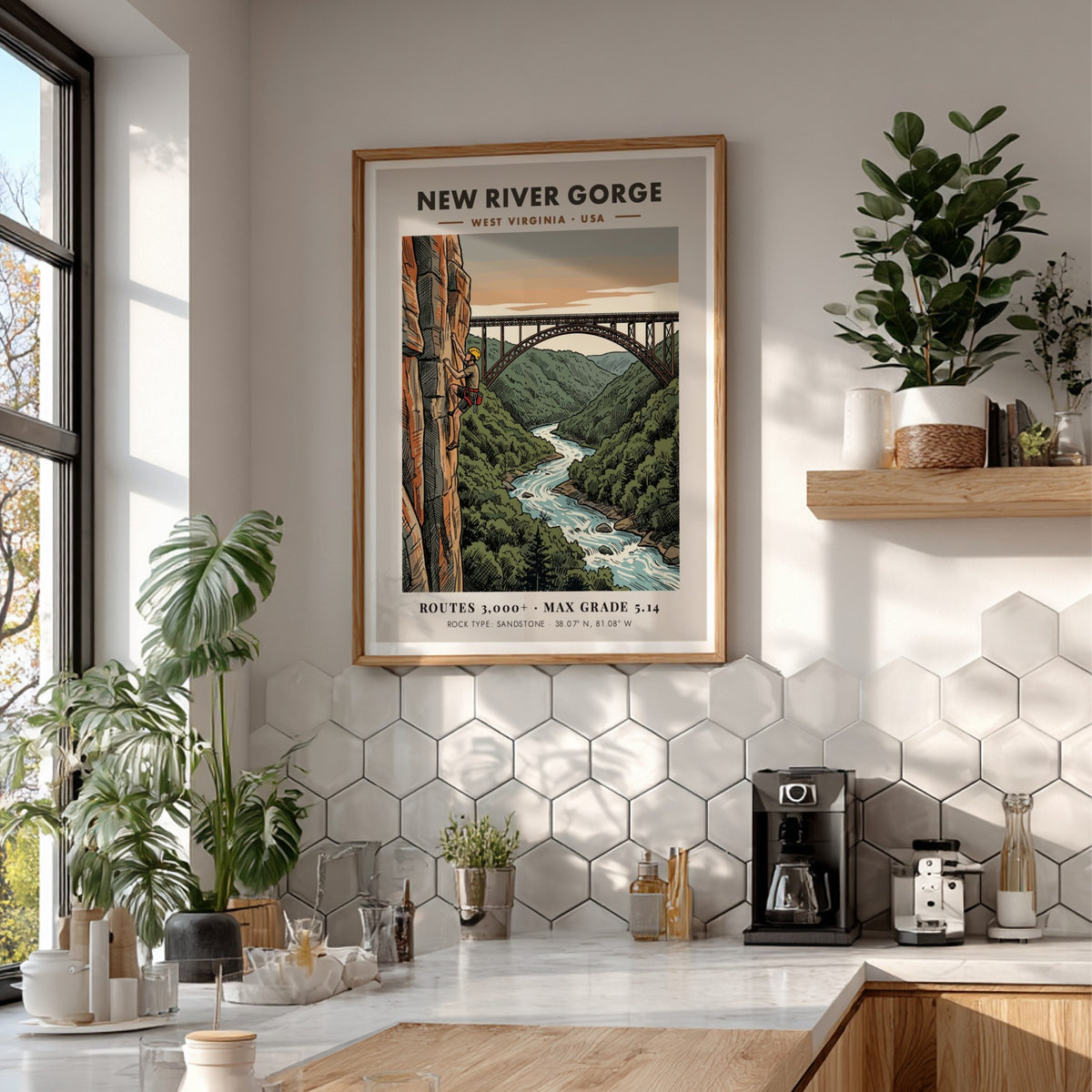 Poster featuring a climber on a sandstone cliff overlooking the New River Gorge bridge.