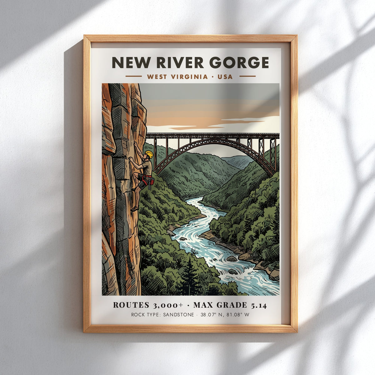 Poster featuring a climber on a sandstone cliff overlooking the New River Gorge bridge.