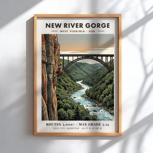 Poster featuring a climber on a sandstone cliff overlooking the New River Gorge bridge.