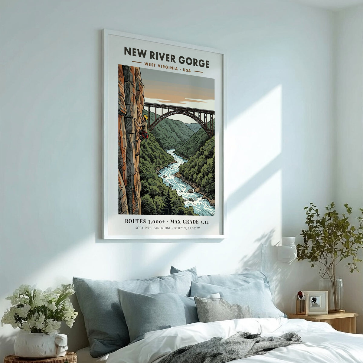 Poster featuring a climber on a sandstone cliff overlooking the New River Gorge bridge.