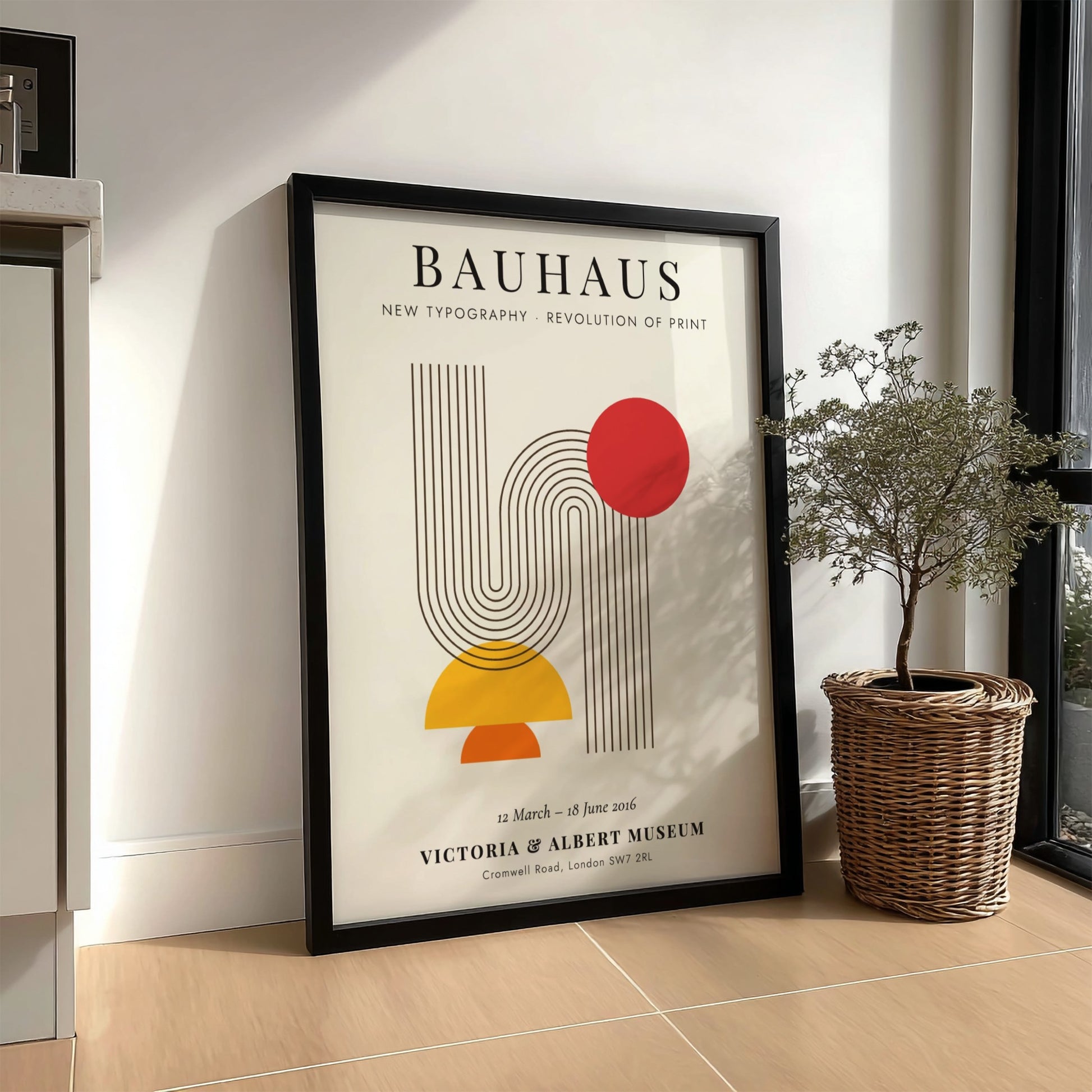 Bauhaus poster featuring new typography with geometric shapes and vibrant colors