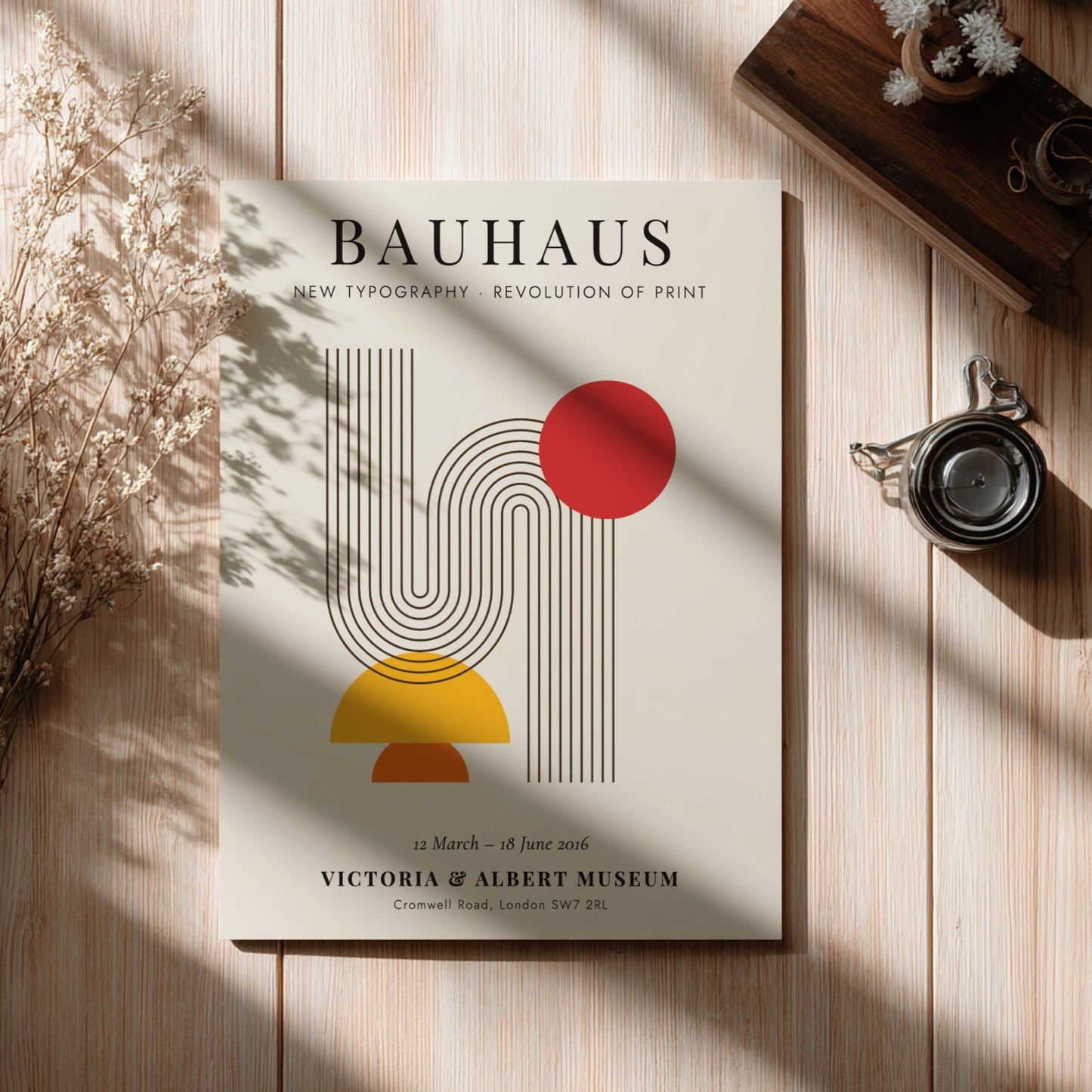 Bauhaus poster featuring new typography with geometric shapes and vibrant colors