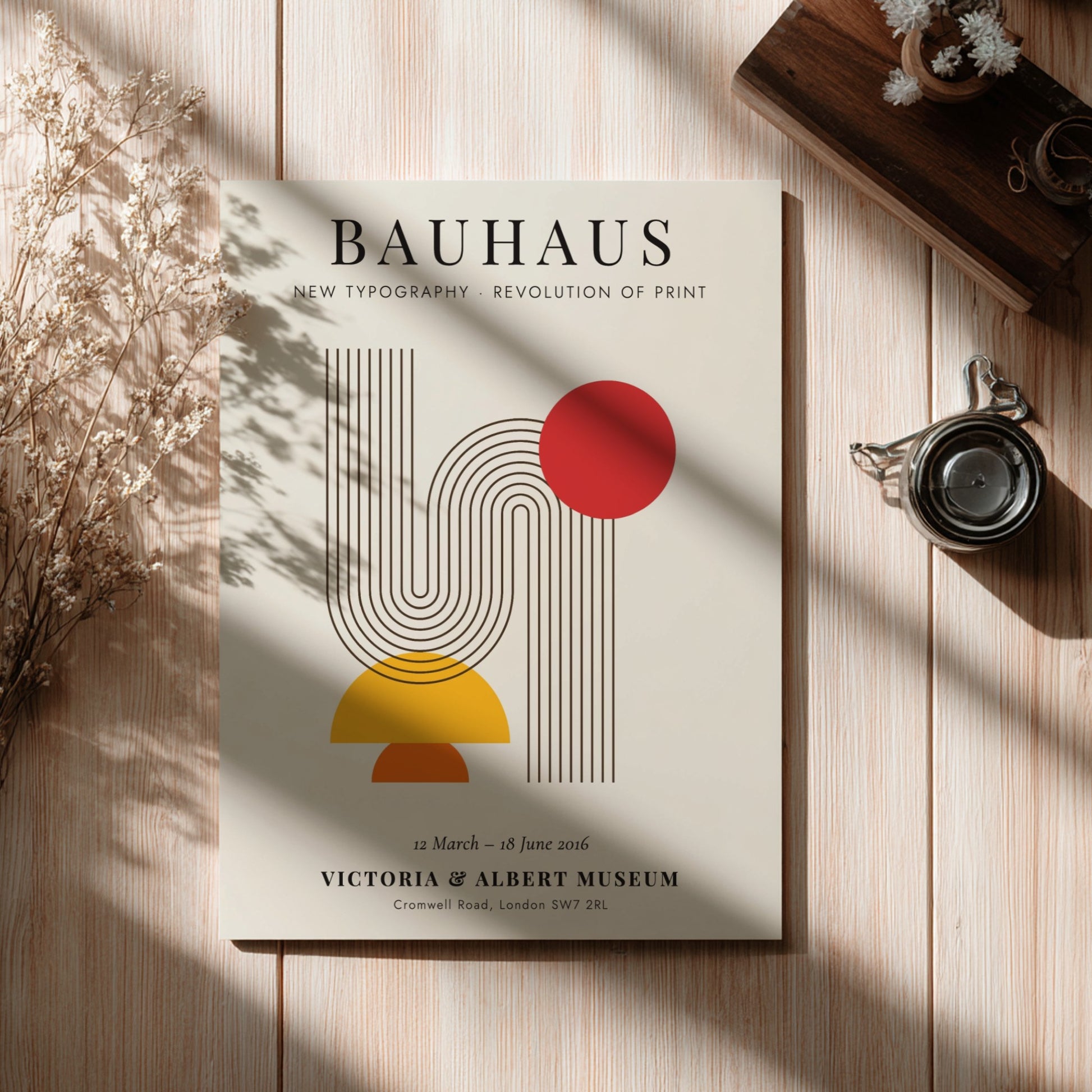 Bauhaus poster featuring new typography with geometric shapes and vibrant colors