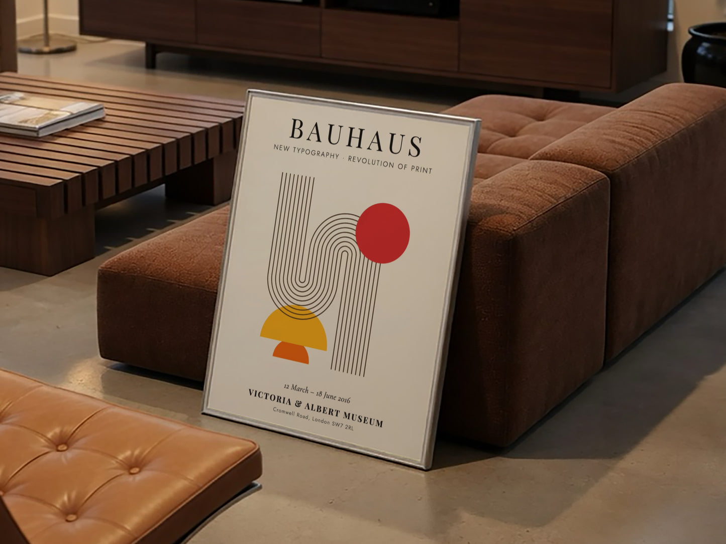 Bauhaus poster featuring new typography with geometric shapes and vibrant colors