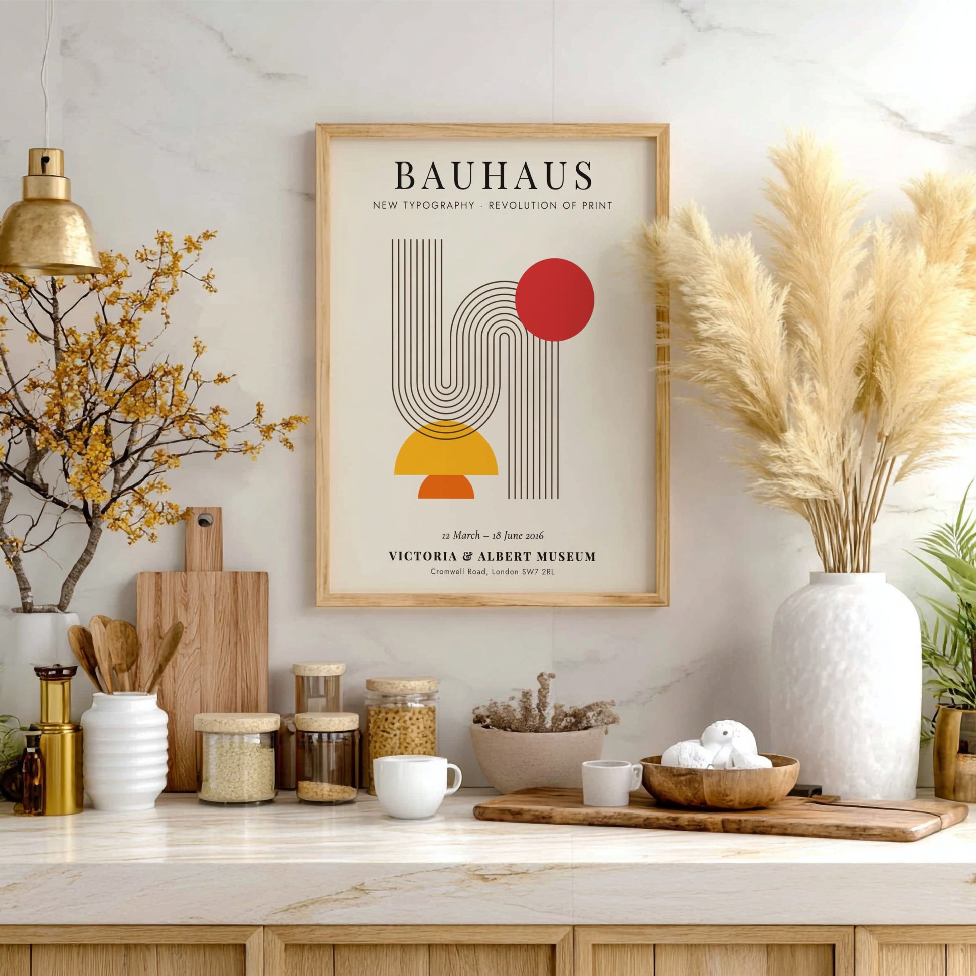 Bauhaus poster featuring new typography with geometric shapes and vibrant colors
