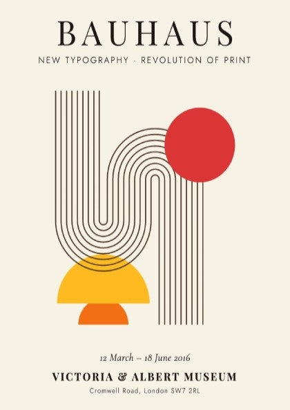 Bauhaus poster featuring new typography with geometric shapes and vibrant colors