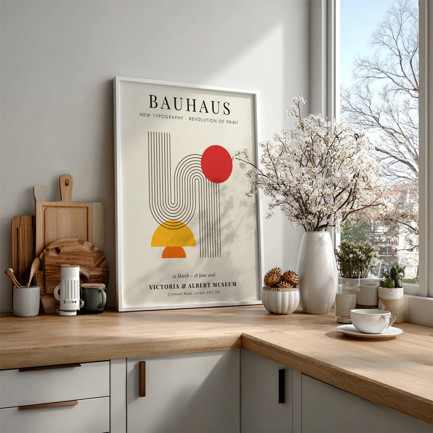 Bauhaus poster featuring new typography with geometric shapes and vibrant colors
