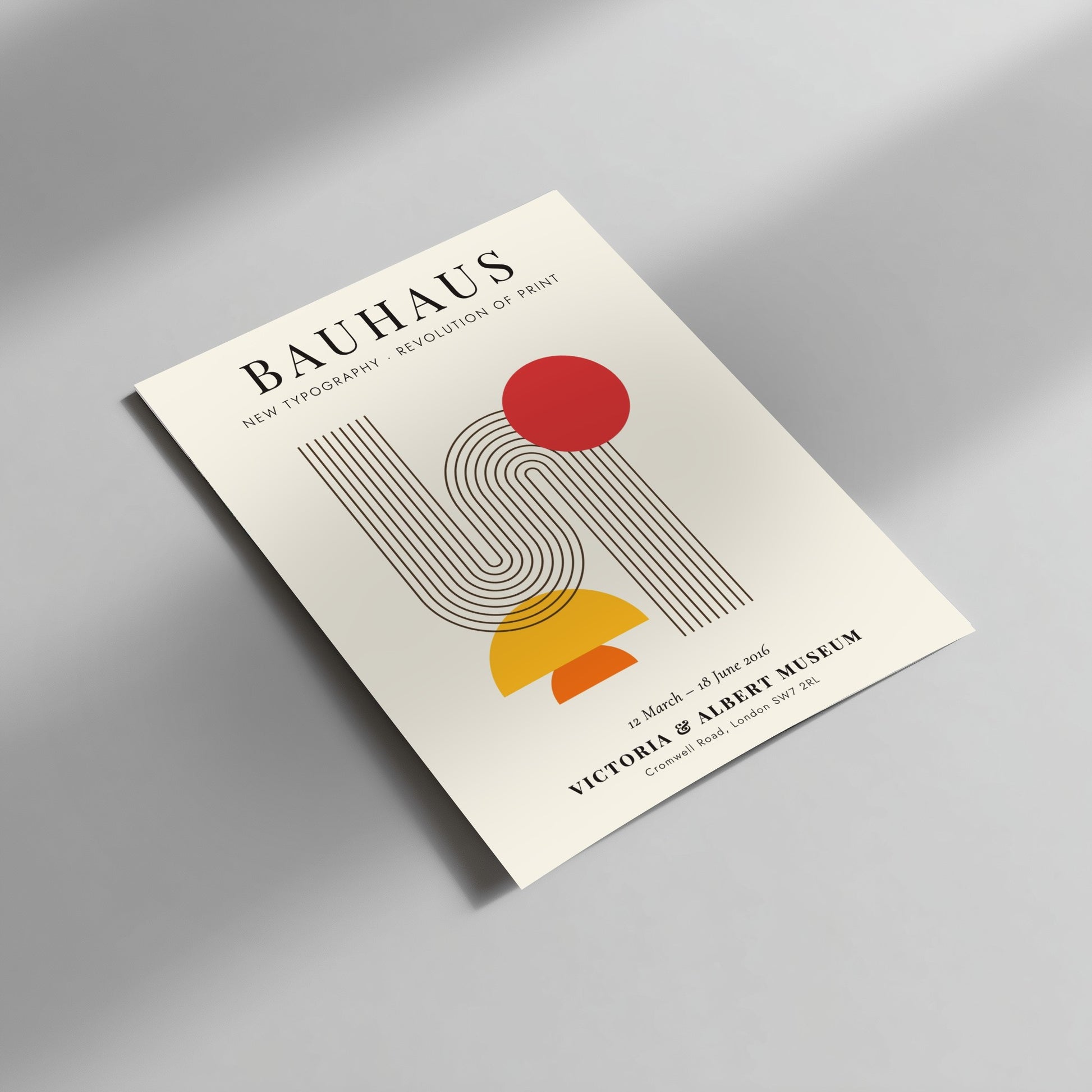 Bauhaus poster featuring new typography with geometric shapes and vibrant colors