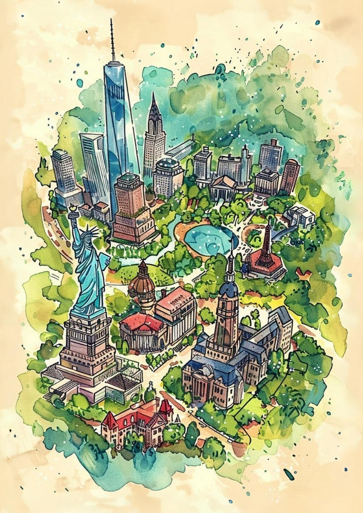 North AmericaNEW YORK ATTRACTIONS MAP ARTWORK - TRAVEL POSTER