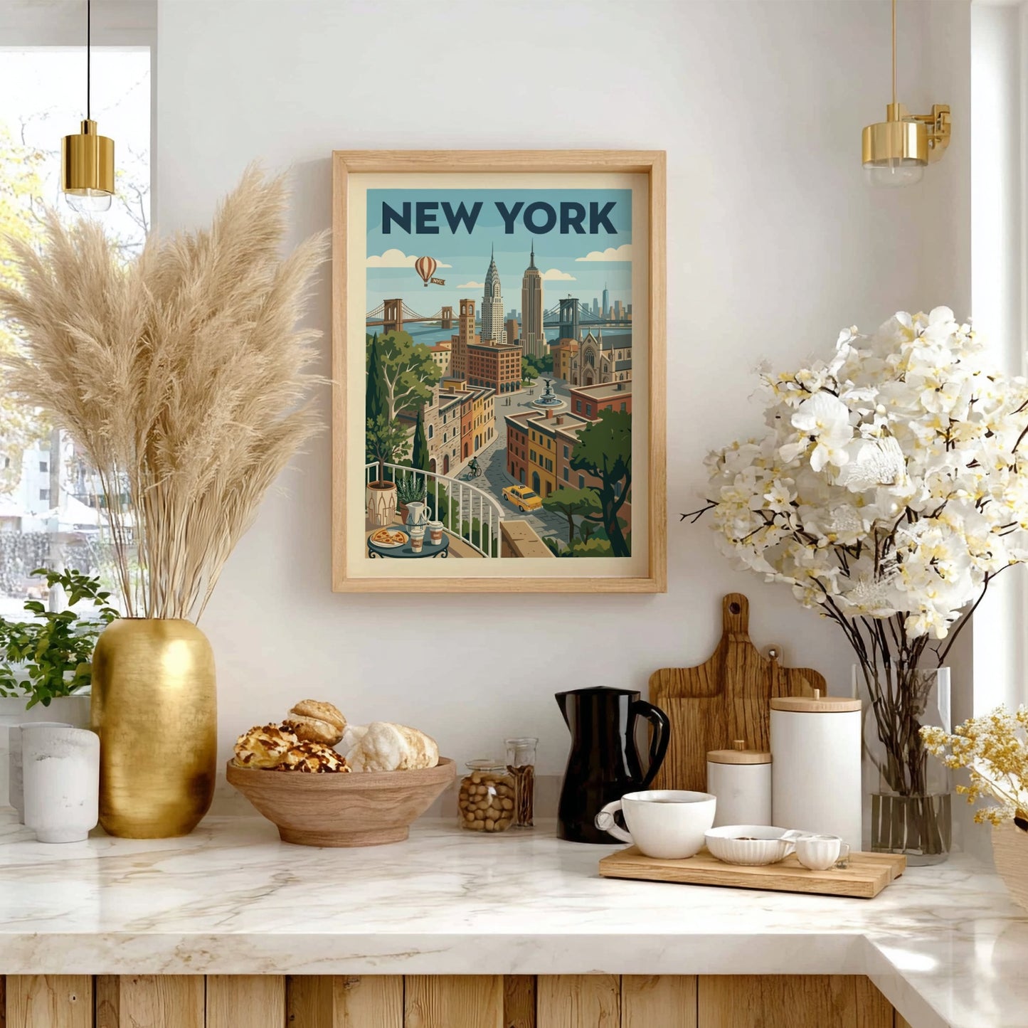 Retro New York Cityscape poster with iconic buildings, bridges, and a yellow taxi in a warm color palette.