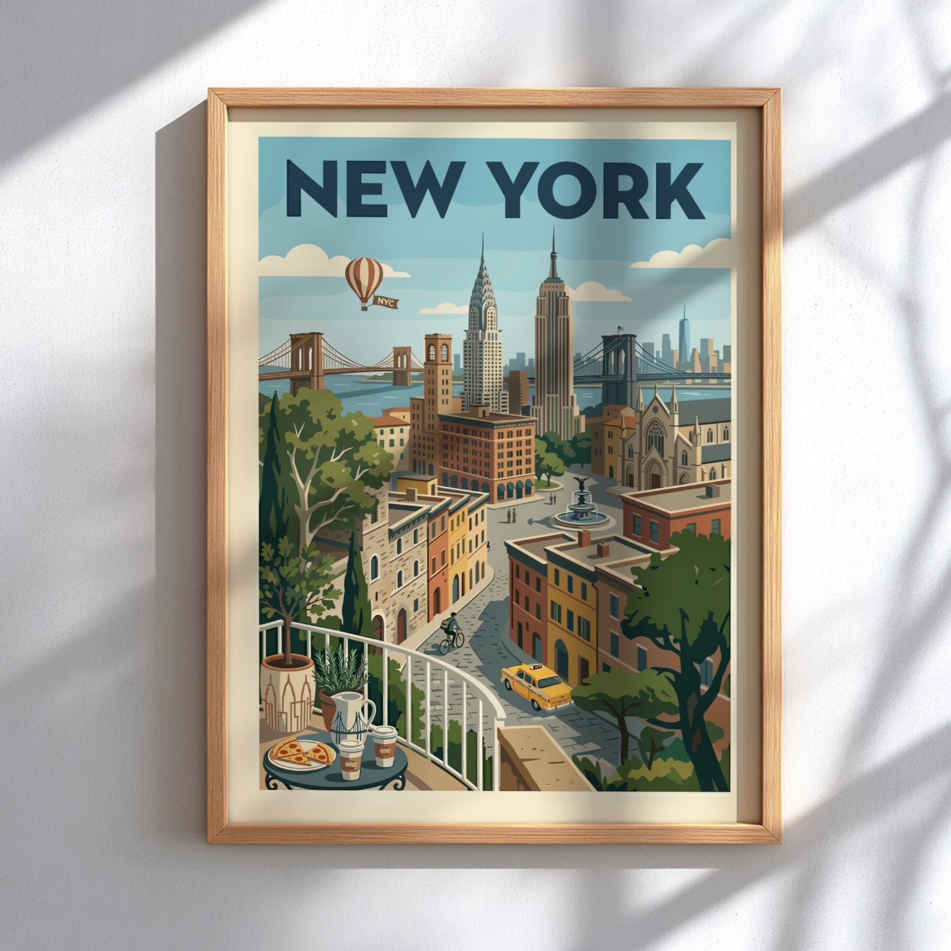 Retro New York Cityscape poster with iconic buildings, bridges, and a yellow taxi in a warm color palette.