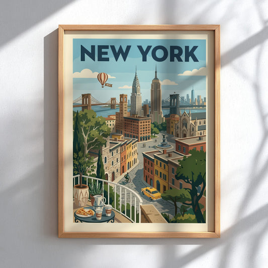 Retro New York Cityscape poster with iconic buildings, bridges, and a yellow taxi in a warm color palette.