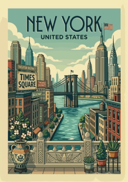 Vintage New York Cityscape travel poster featuring the Brooklyn Bridge and skyscrapers in a retro art style.