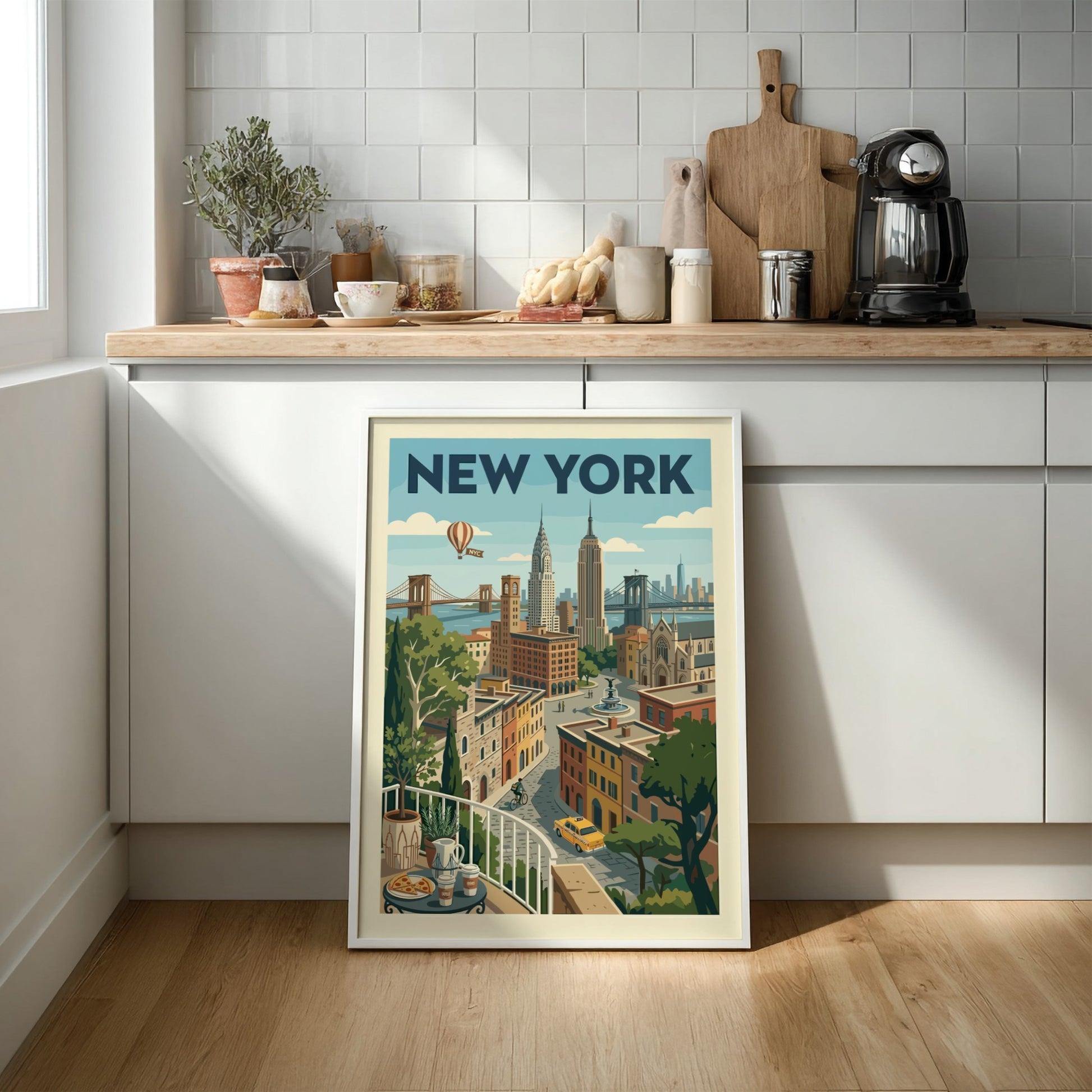 Retro New York Cityscape poster with iconic buildings, bridges, and a yellow taxi in a warm color palette.
