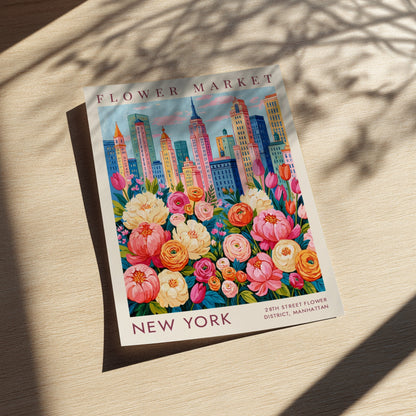 Flower market poster featuring colorful flowers and New York skyline