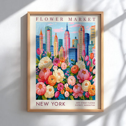 Flower market poster featuring colorful flowers and New York skyline
