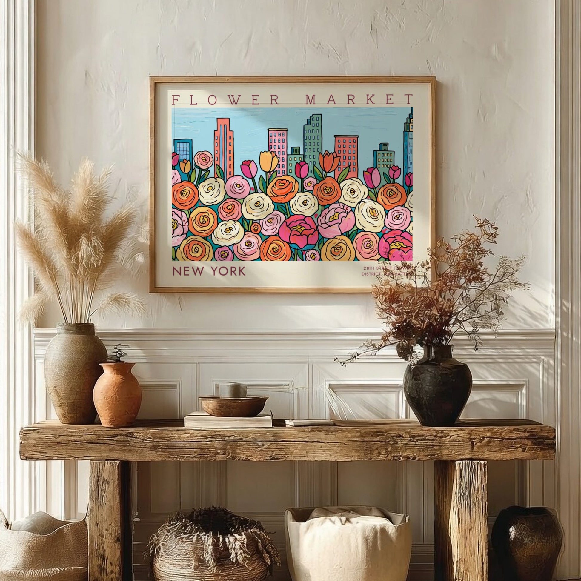 New York flower market poster featuring colorful roses and city skyline in vibrant style