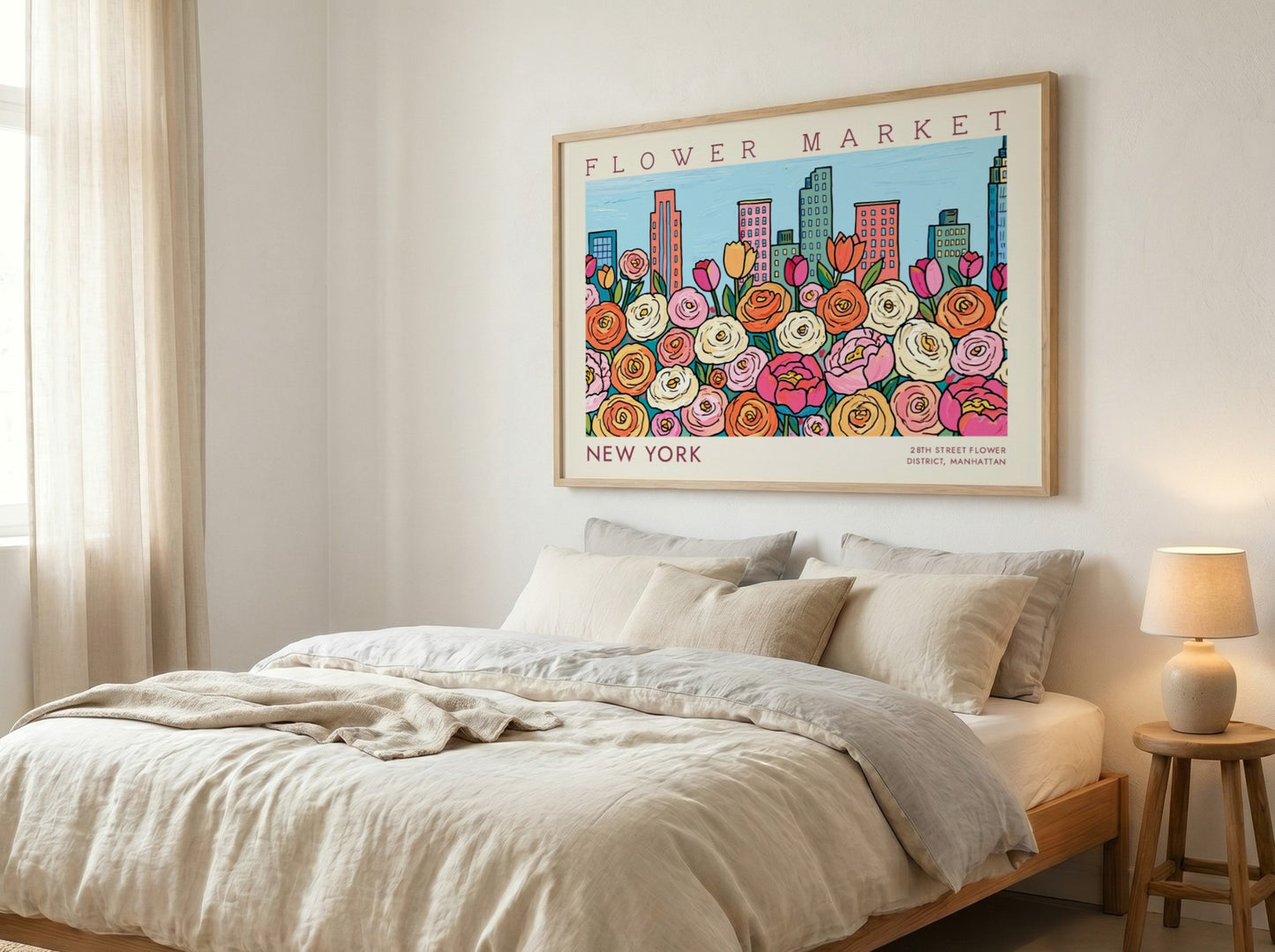 New York flower market poster featuring colorful roses and city skyline in vibrant style