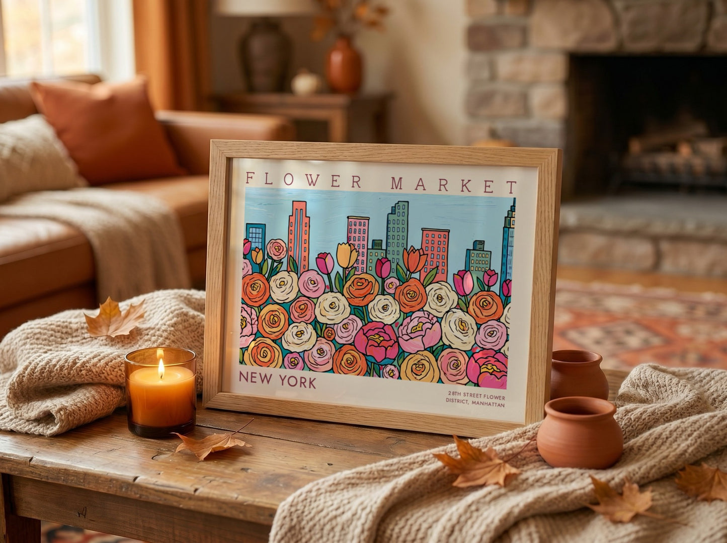 New York flower market poster featuring colorful roses and city skyline in vibrant style