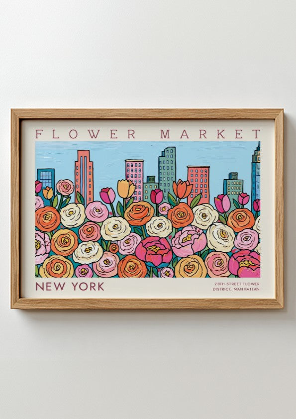 New York flower market poster featuring colorful roses and city skyline in vibrant style