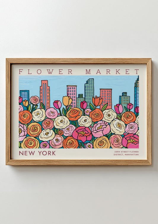 New York flower market poster featuring colorful roses and city skyline in vibrant style