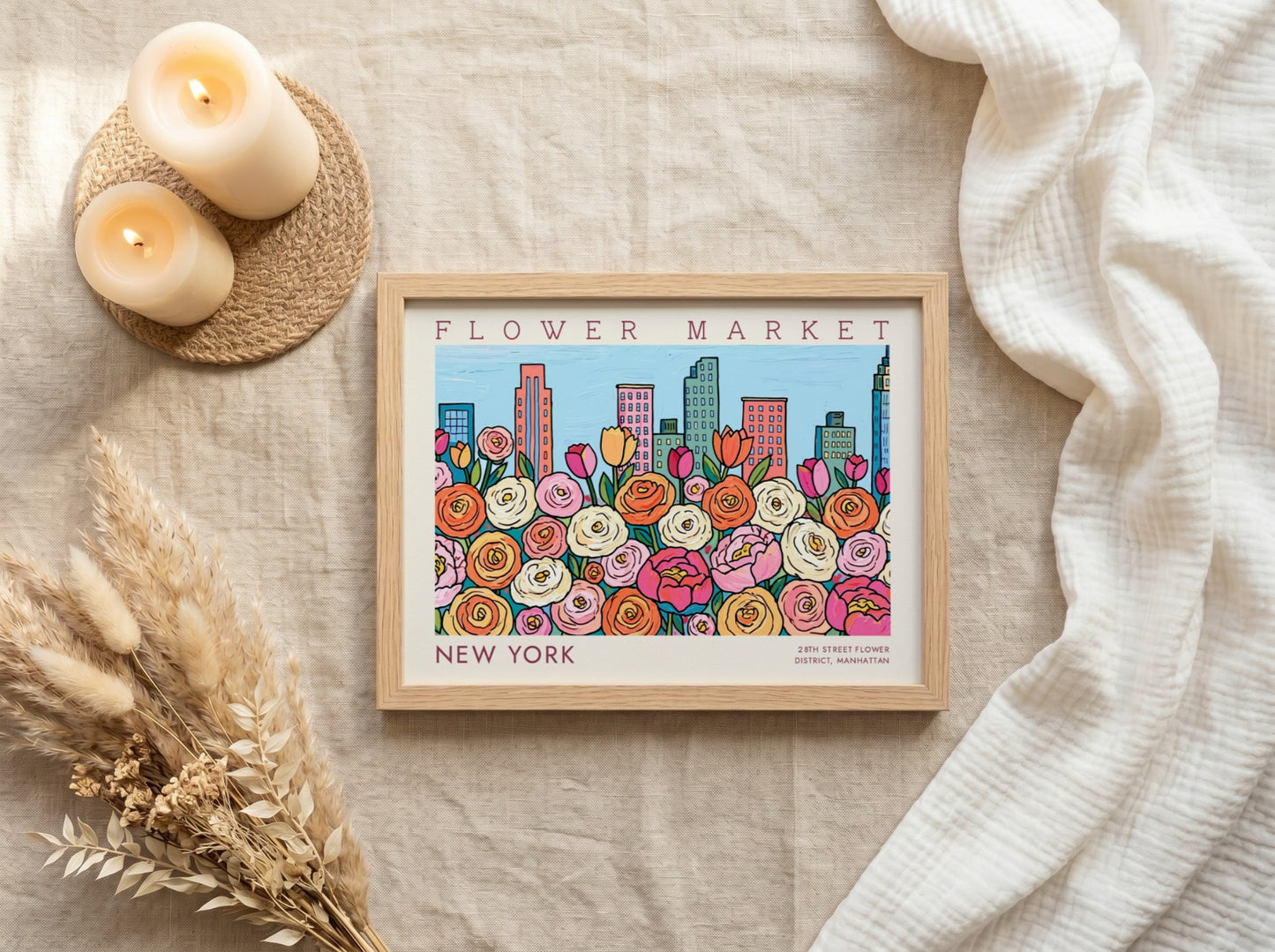 New York flower market poster featuring colorful roses and city skyline in vibrant style
