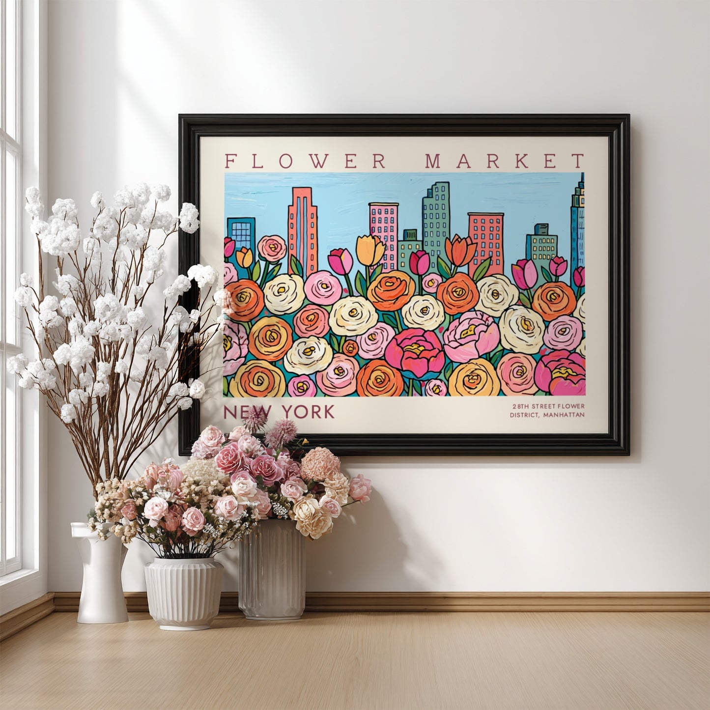 New York flower market poster featuring colorful roses and city skyline in vibrant style