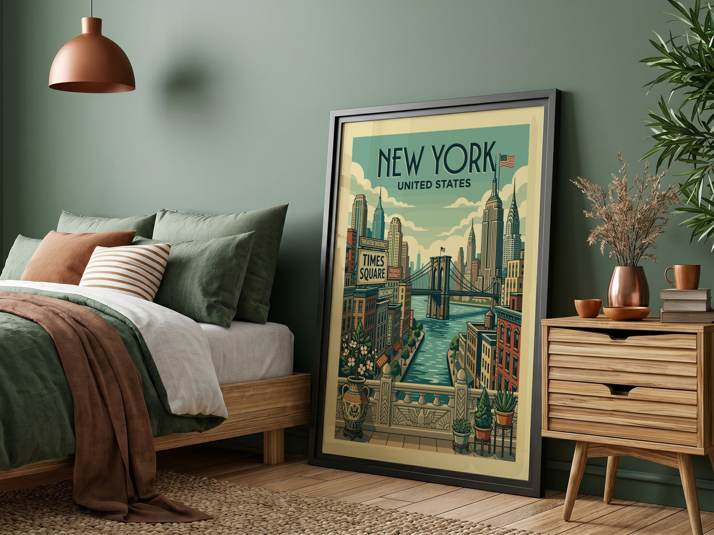 Vintage New York Cityscape travel poster featuring the Brooklyn Bridge and skyscrapers in a retro art style.