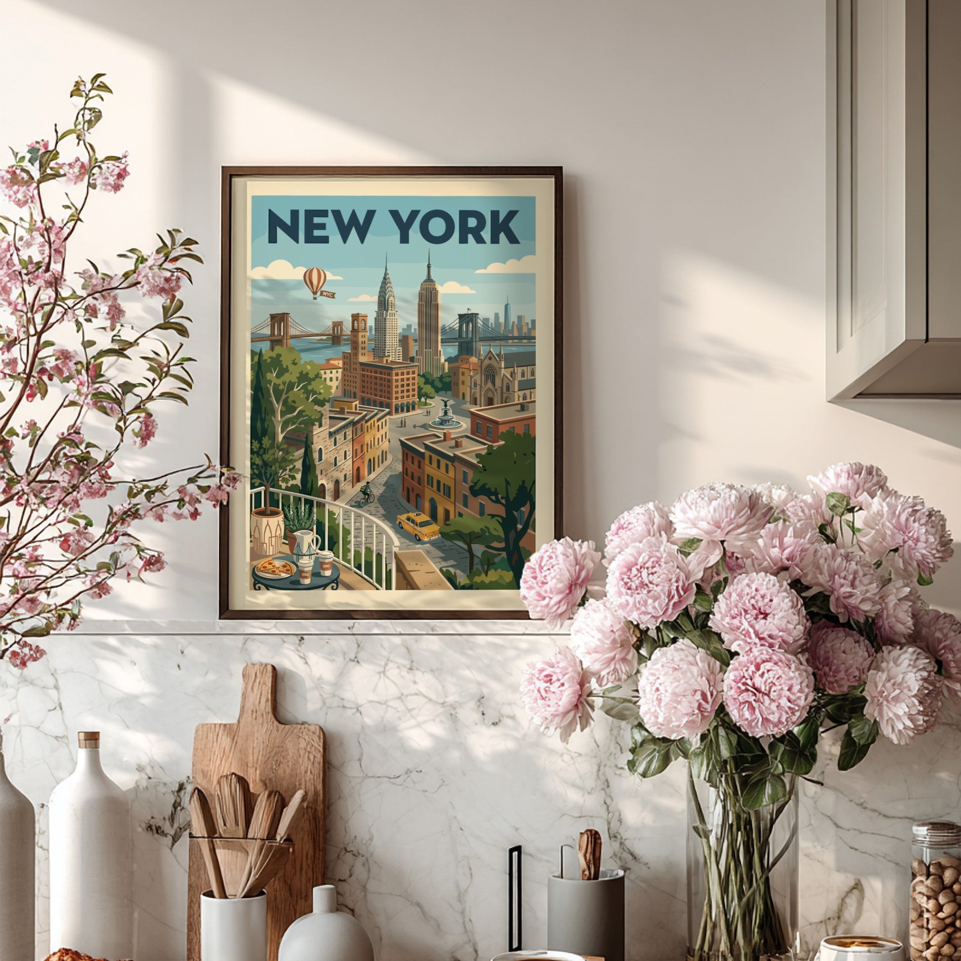 Retro New York Cityscape poster with iconic buildings, bridges, and a yellow taxi in a warm color palette.