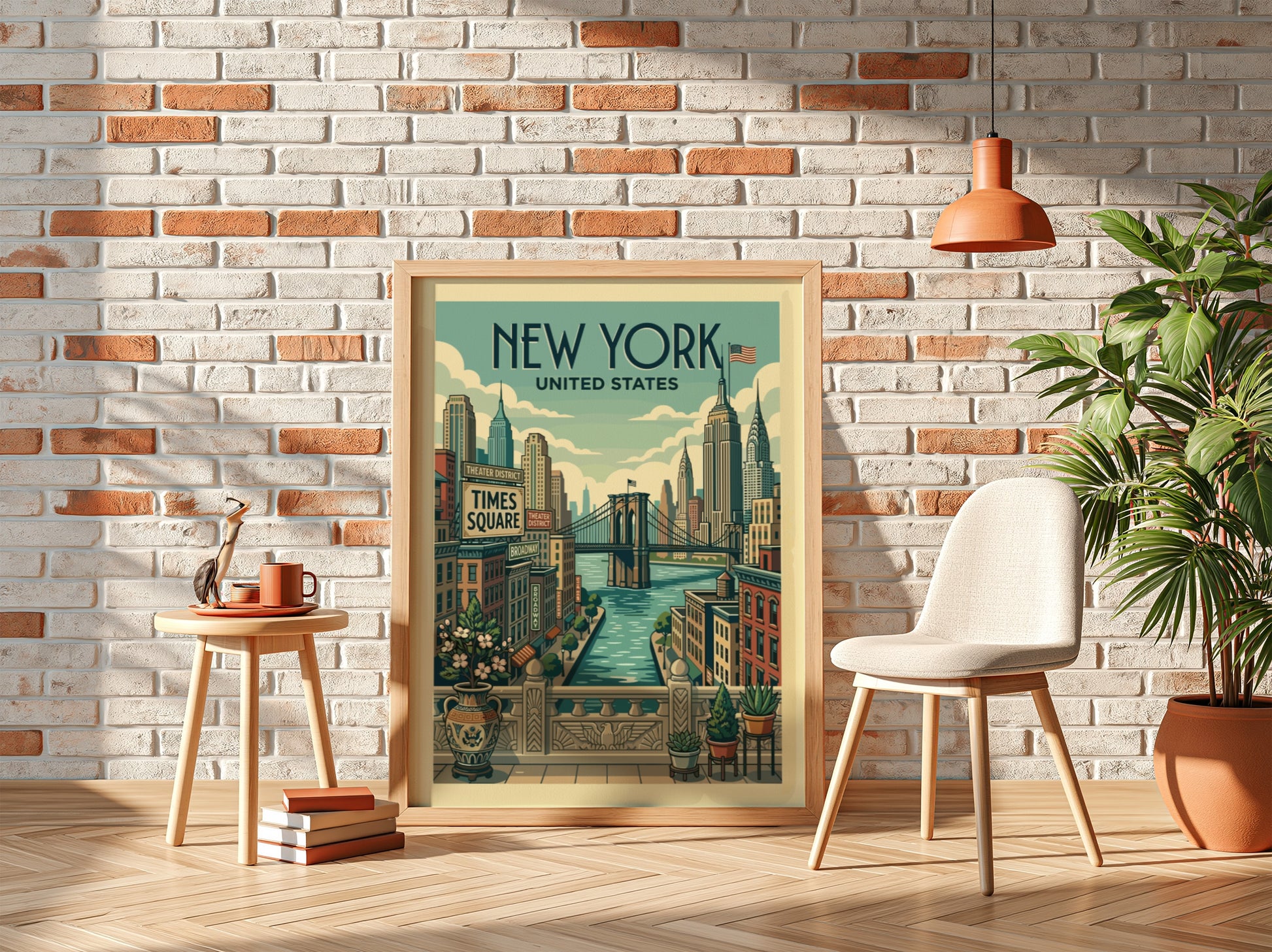 Vintage New York Cityscape travel poster featuring the Brooklyn Bridge and skyscrapers in a retro art style.