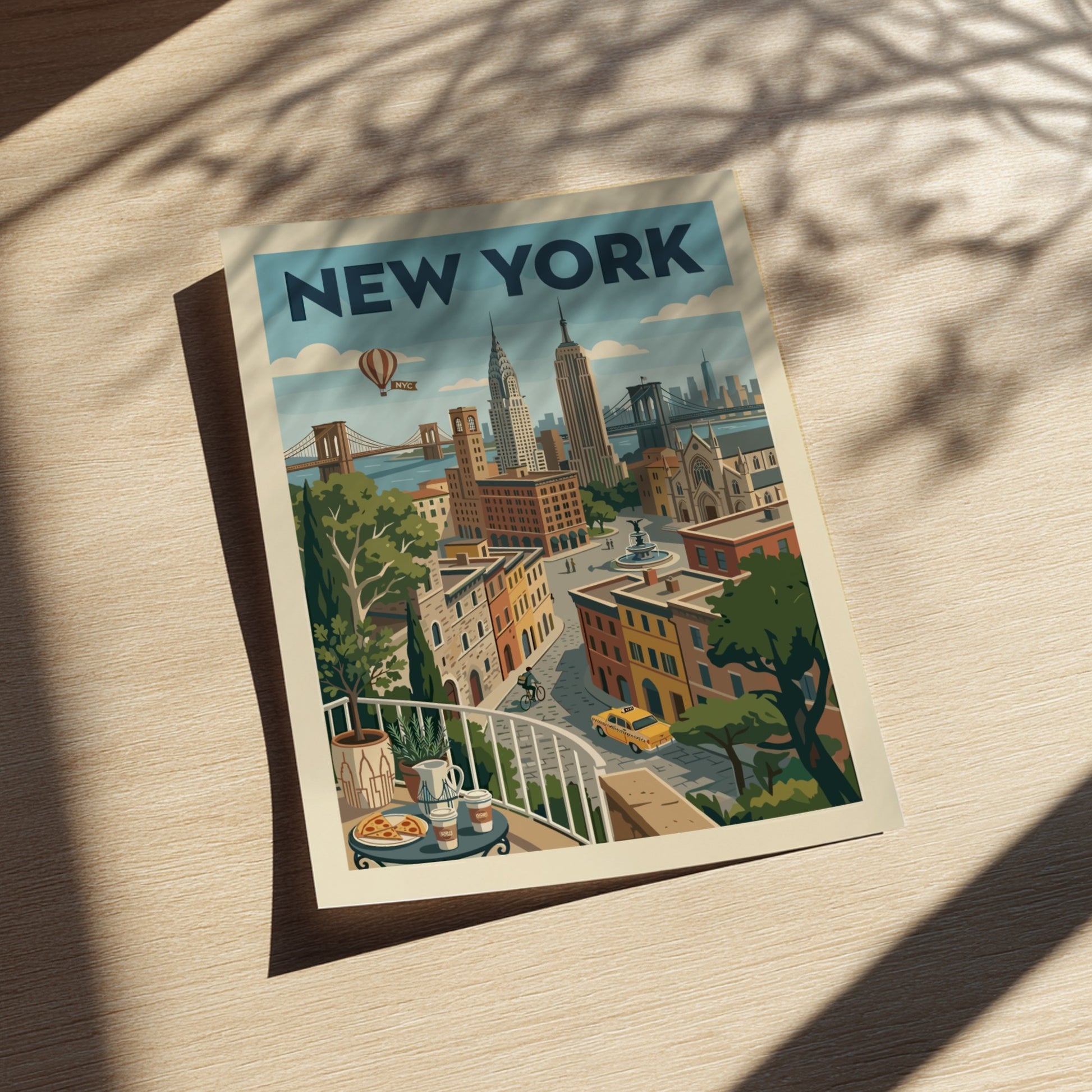 Retro New York Cityscape poster with iconic buildings, bridges, and a yellow taxi in a warm color palette.
