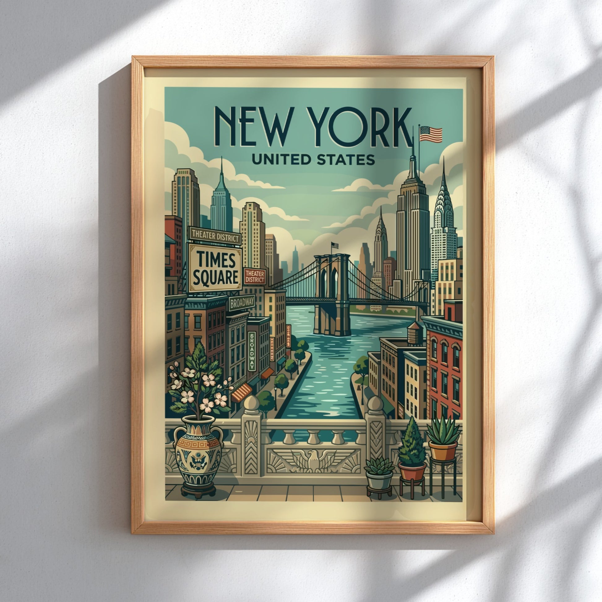 Vintage New York Cityscape travel poster featuring the Brooklyn Bridge and skyscrapers in a retro art style.