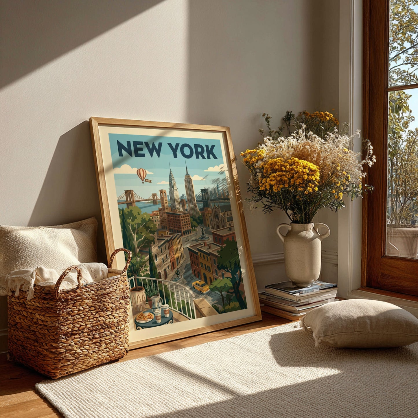 Retro New York Cityscape poster with iconic buildings, bridges, and a yellow taxi in a warm color palette.