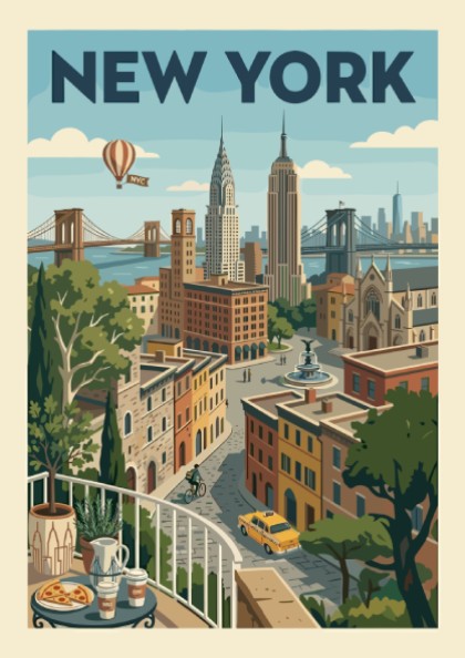 Retro New York Cityscape poster with iconic buildings, bridges, and a yellow taxi in a warm color palette.