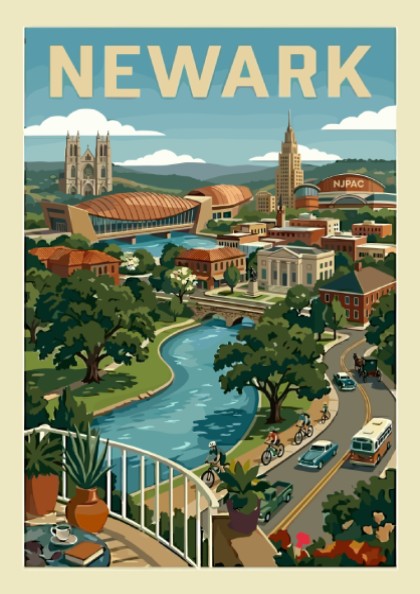 Retro style poster of Newark cityscape with river, landmarks, and vintage cars.
