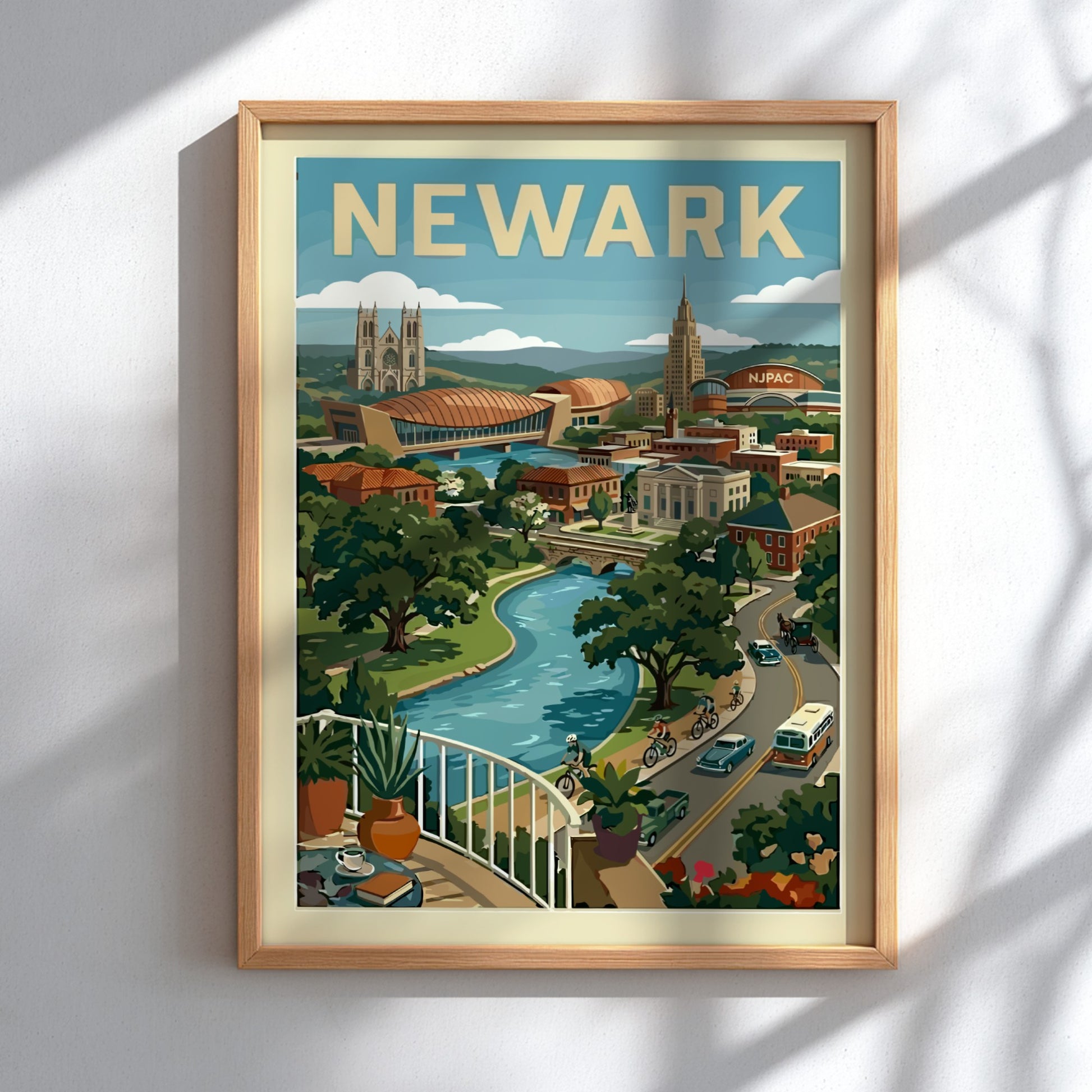 Retro style poster of Newark cityscape with river, landmarks, and vintage cars.