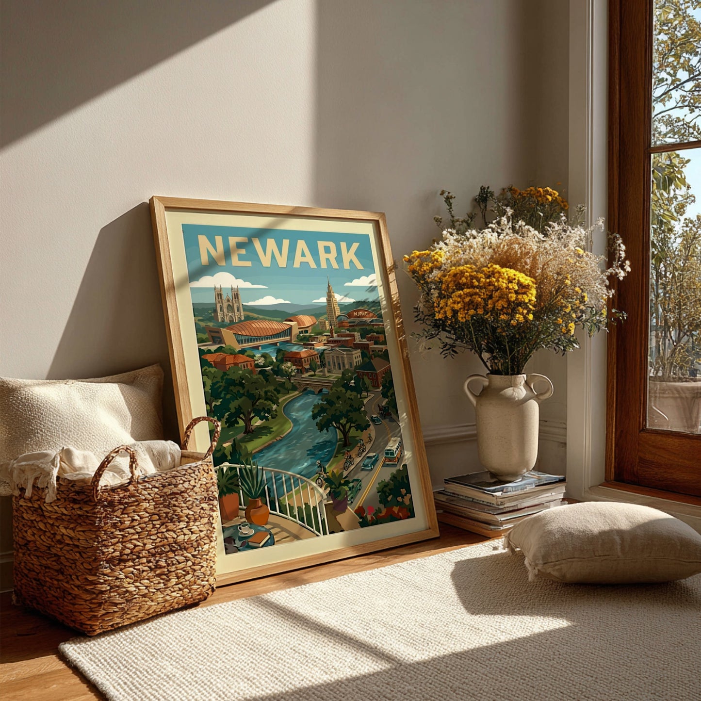 Retro style poster of Newark cityscape with river, landmarks, and vintage cars.
