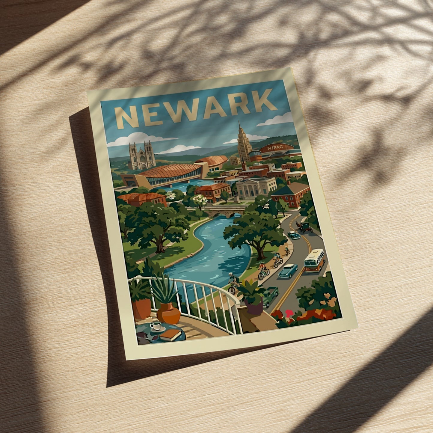 Retro style poster of Newark cityscape with river, landmarks, and vintage cars.