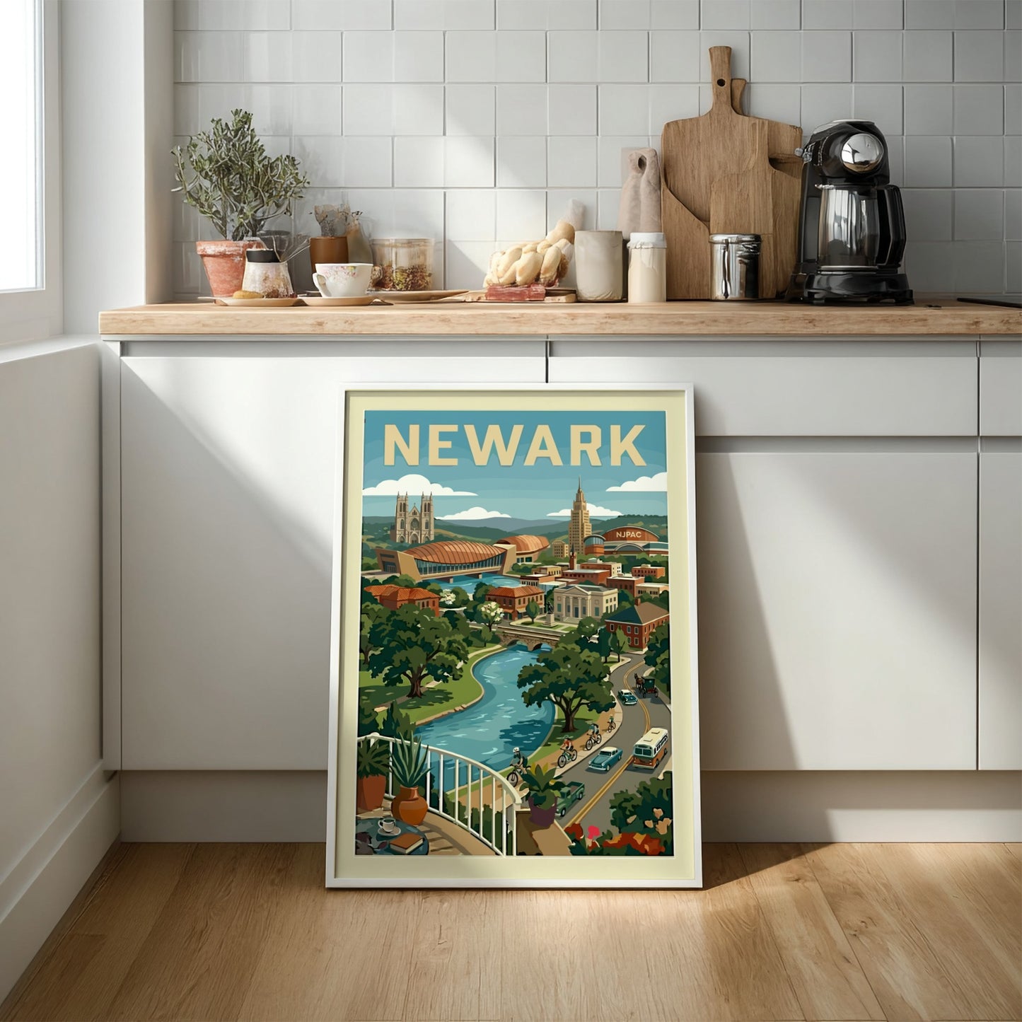Retro style poster of Newark cityscape with river, landmarks, and vintage cars.