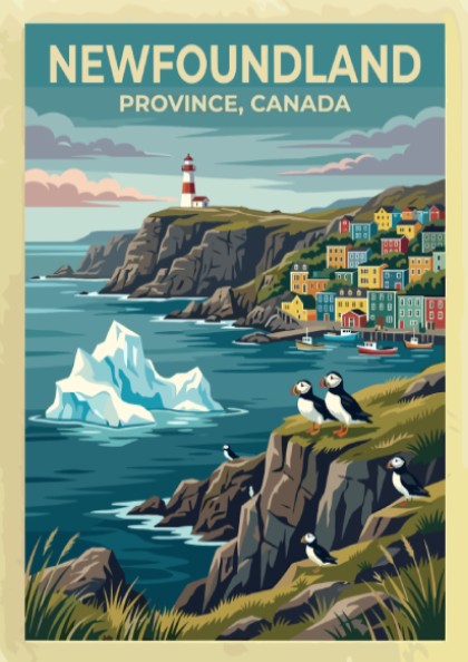 Travel poster of Newfoundland Province Canada featuring a lighthouse, colorful houses and puffins.