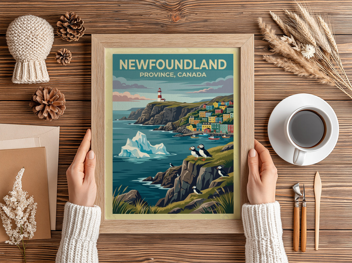Travel poster of Newfoundland Province Canada featuring a lighthouse, colorful houses and puffins.
