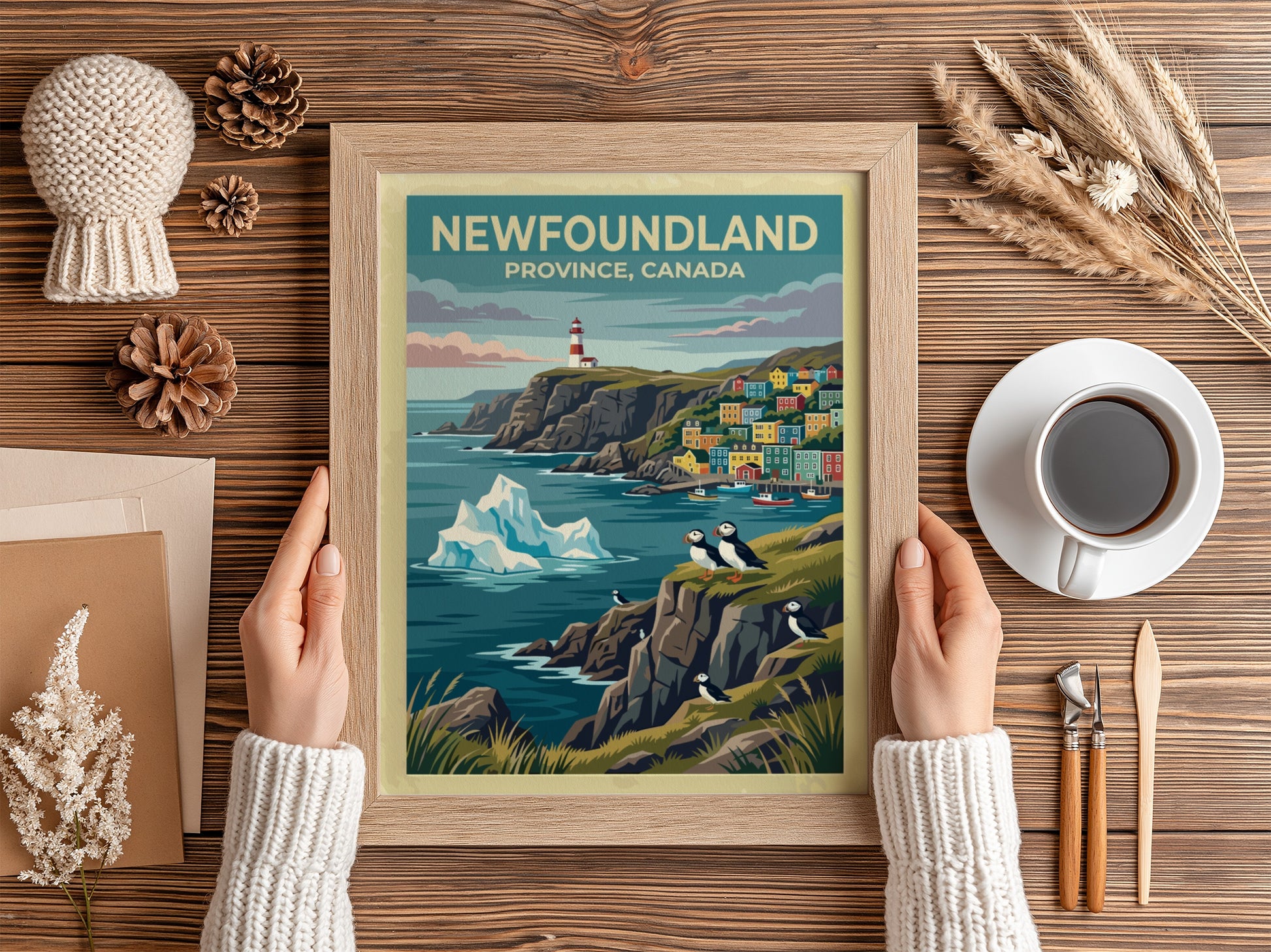 Travel poster of Newfoundland Province Canada featuring a lighthouse, colorful houses and puffins.