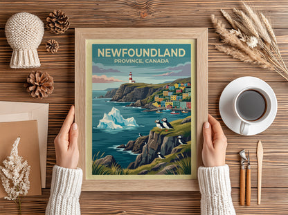 Travel poster of Newfoundland Province Canada featuring a lighthouse, colorful houses and puffins.