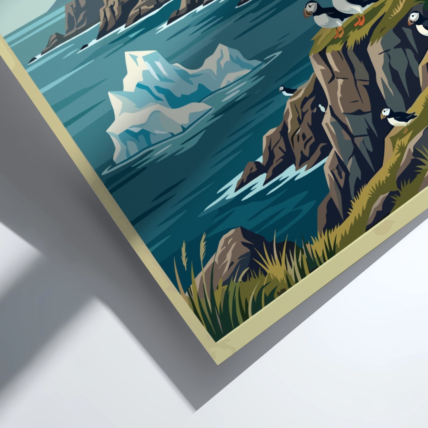 Travel poster of Newfoundland Province Canada featuring a lighthouse, colorful houses and puffins.