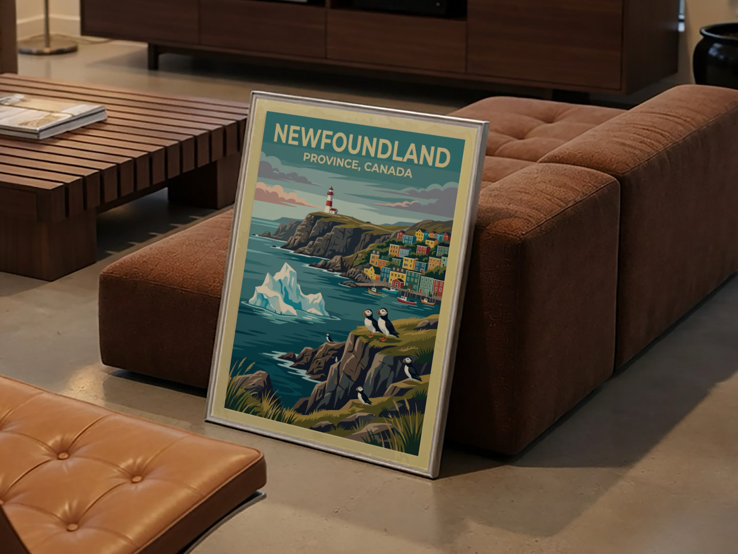 Travel poster of Newfoundland Province Canada featuring a lighthouse, colorful houses and puffins.