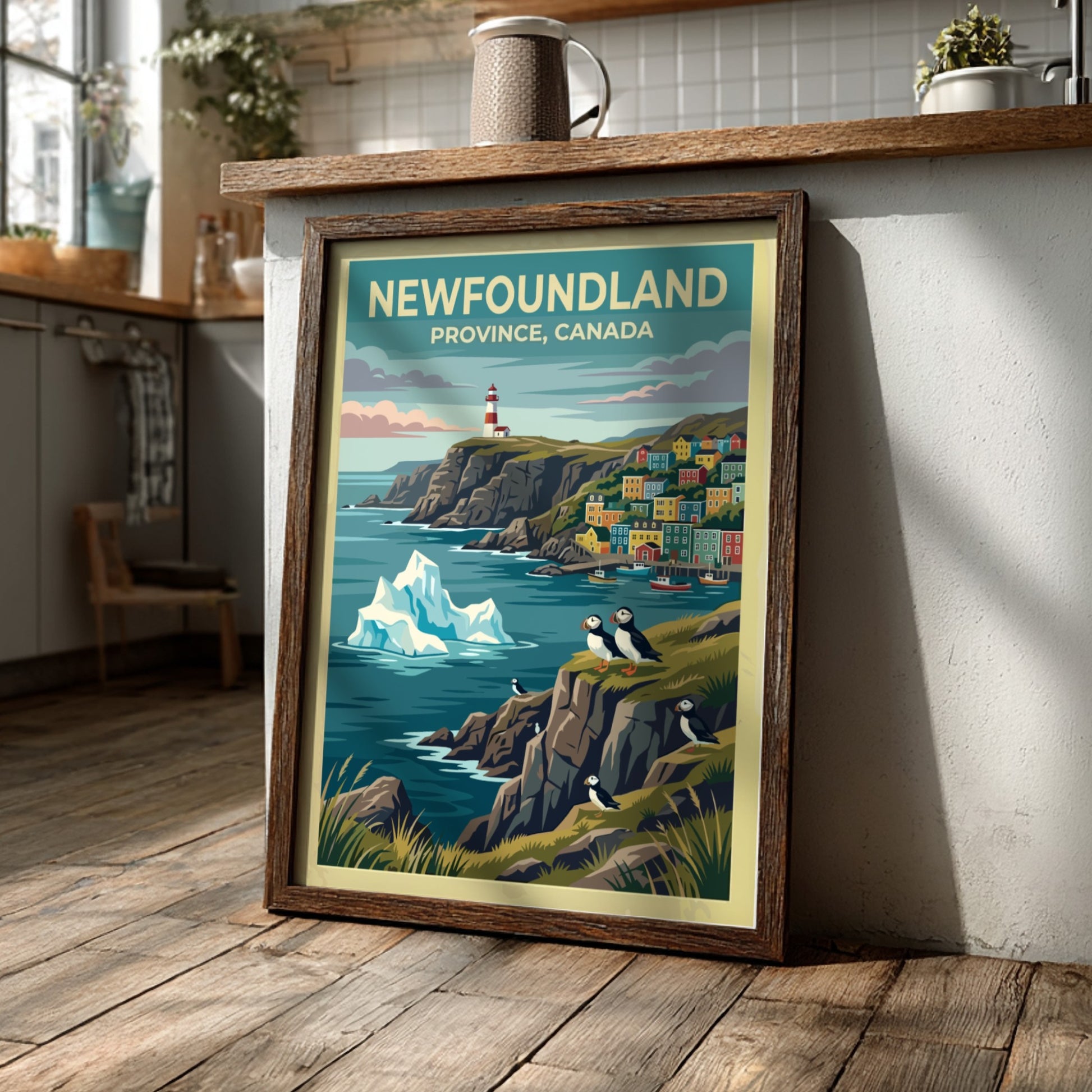 Travel poster of Newfoundland Province Canada featuring a lighthouse, colorful houses and puffins.