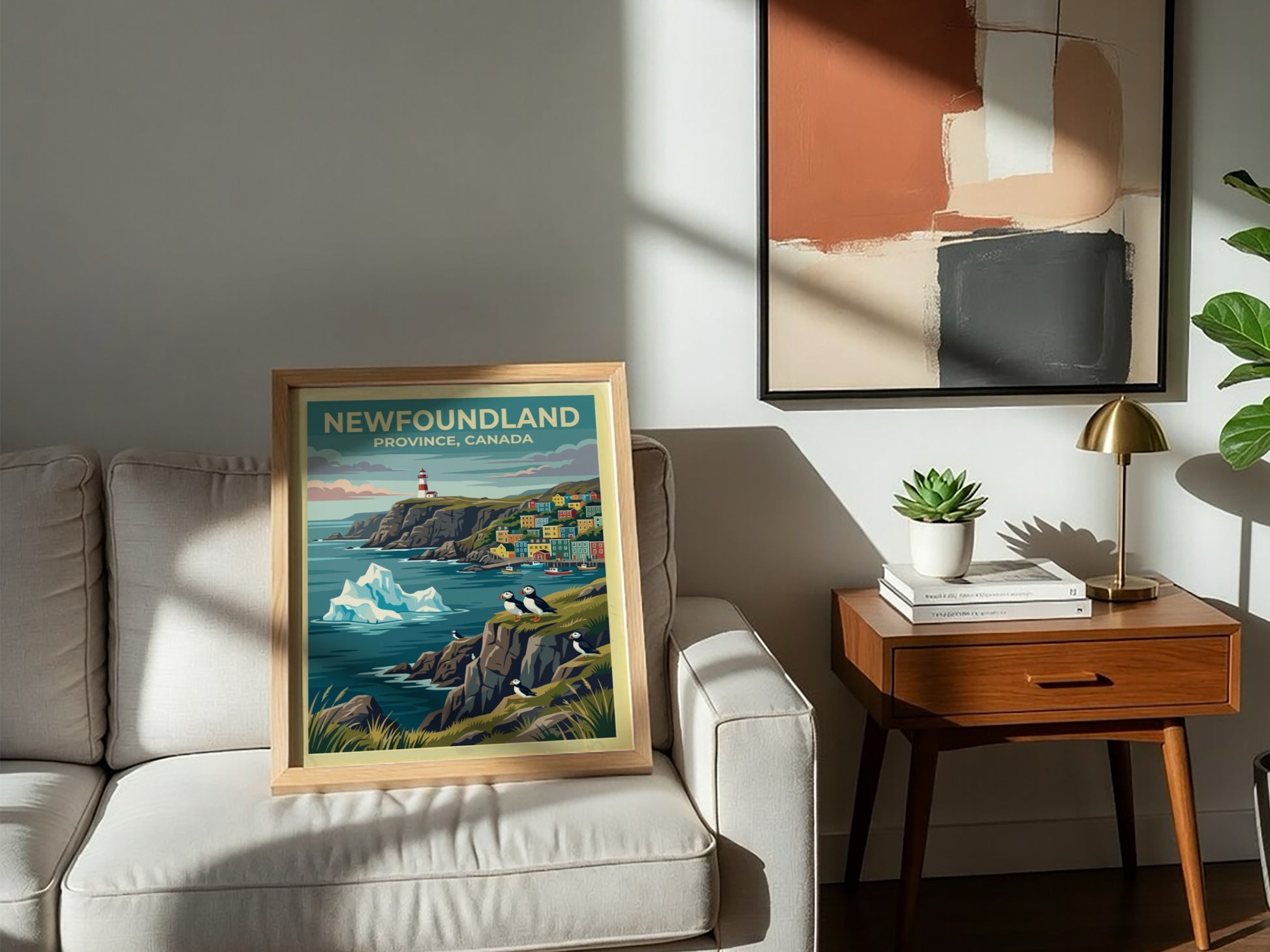 Travel poster of Newfoundland Province Canada featuring a lighthouse, colorful houses and puffins.